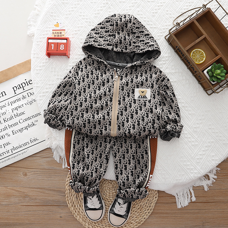 2025s New Kids' Autumn Outfit Korean Style Boys Girls Hooded All-over Print Bear Jacquard Cardigan Jacket Casual Two Piece Set