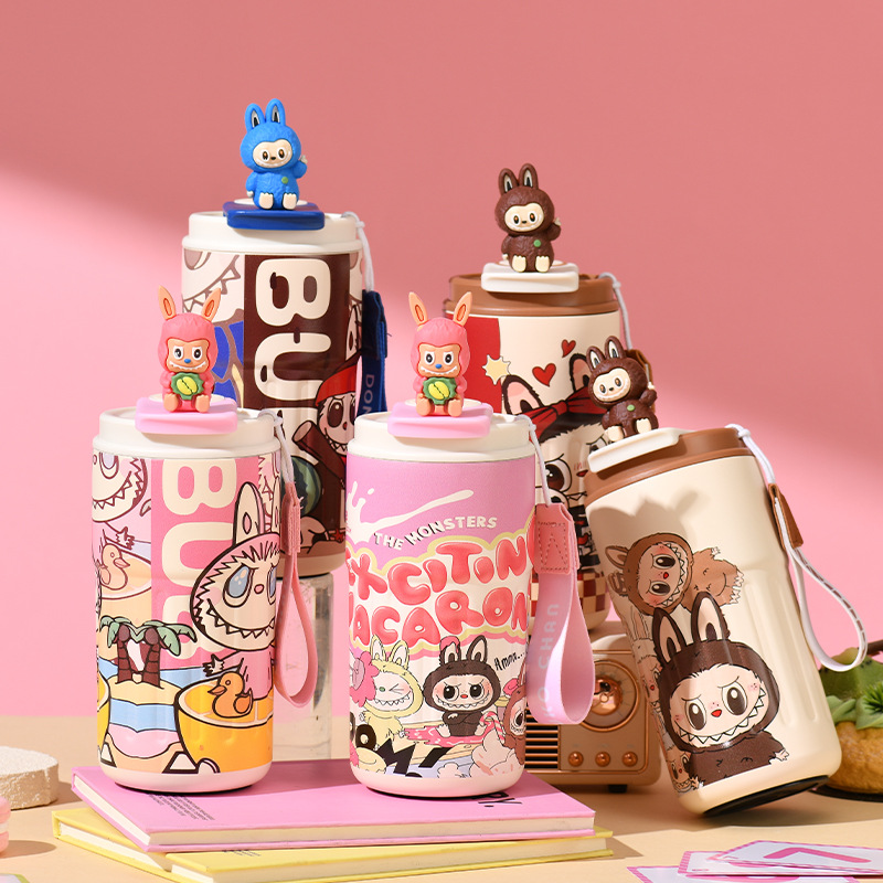 Designer Water Bottle Luxury Cartoon Girls Portable Double Wall Vacuum Coffee Cups Travel Mug Stainless SteelThermos Tumbler with Handle Black