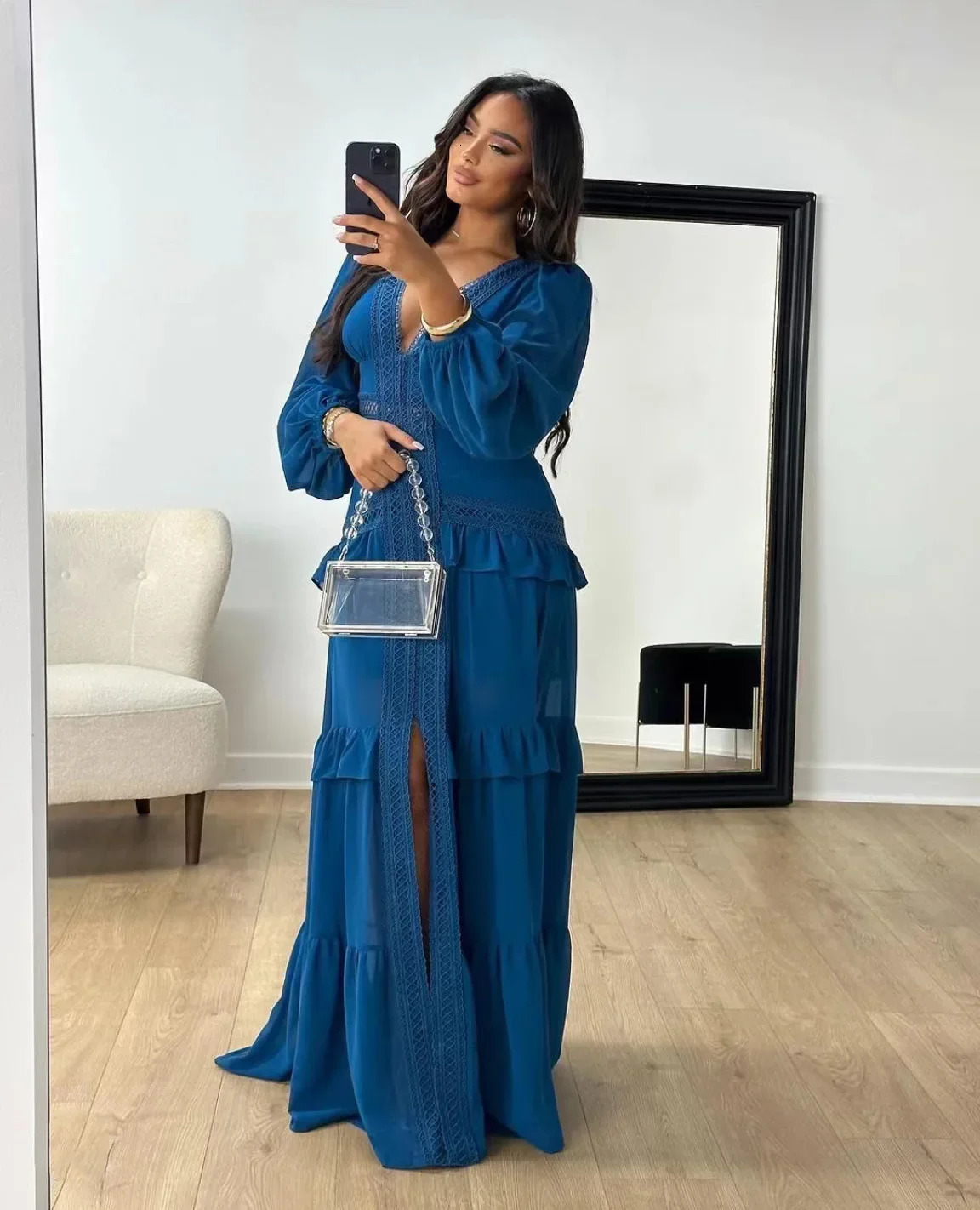 Elegant Womens Long Dress With Sleeves Ruffles Hollow Out Evening Dresses Party Chic Robe Green Blue Purple Holiday Summer 250825