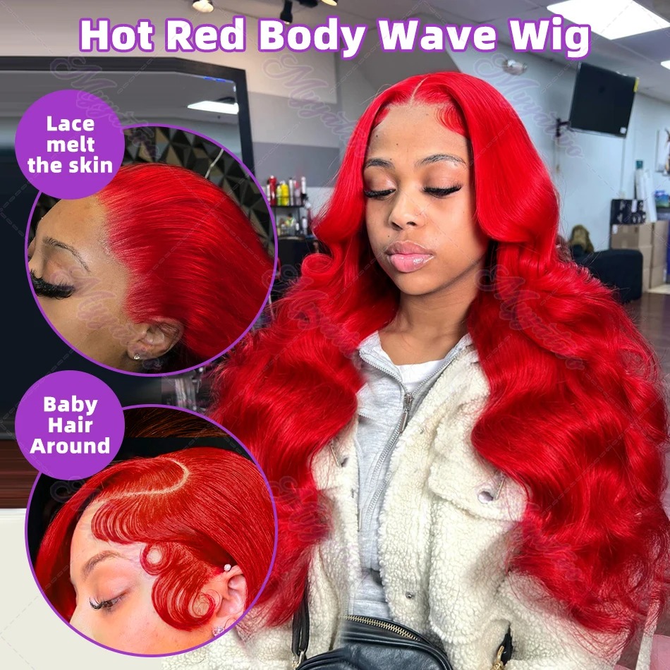 30 34 Inch Hot Red Body Wave High Density 13x4 Hd Lace Frontal Wig Brazilian Pre-Cut Water Wave Gluelesss 13x6 Lace Front Color Human Hair Wigs 200% F