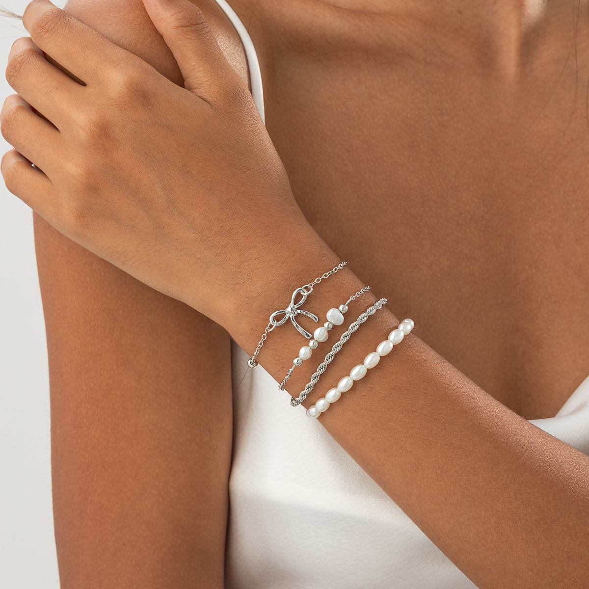 Minimalist Pearl Metal Twist Cross Bracelet Dainty CCB Beaded Chain for Women