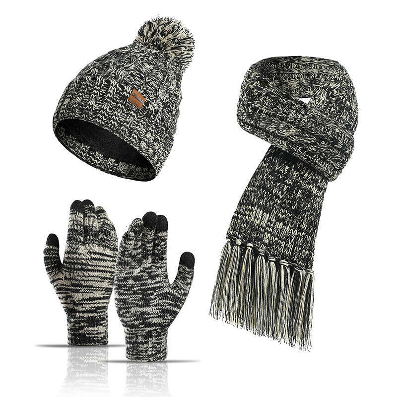 casquette beanie cap Winter New Knitted Wool Colorful Hat Thickened Scarf Touchscreen Gloves Three-Piece Set