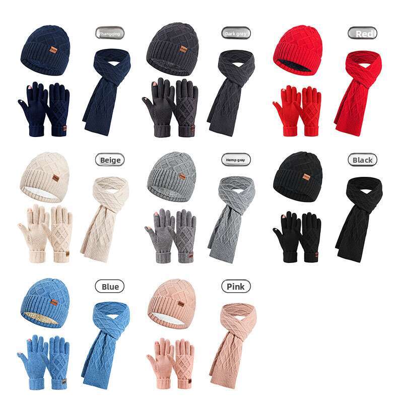 casquette beanie cap Scarf, Gloves, Three-Piece Set Winter Cold-Proof Ear Protection Knitted Outdoor Warm Hat