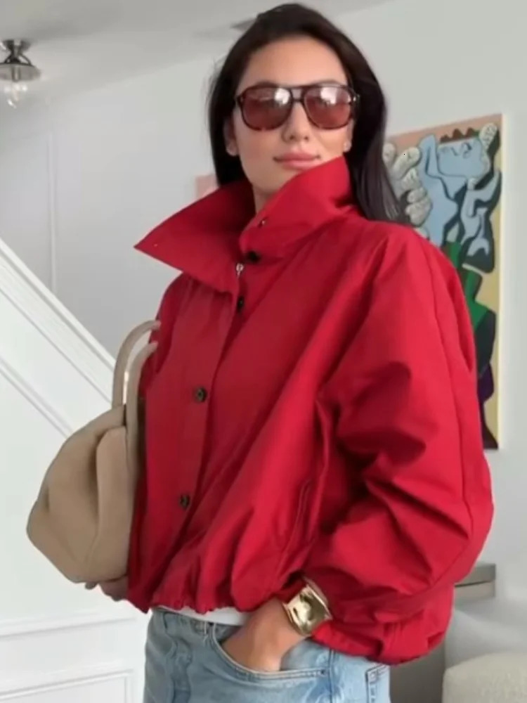 Y2K Turn Down Collar Zipper Coat Chic Red Long Sleeve Women Bomber Jacket Autumn Lady Single Breasted Outerwear Street 250825
