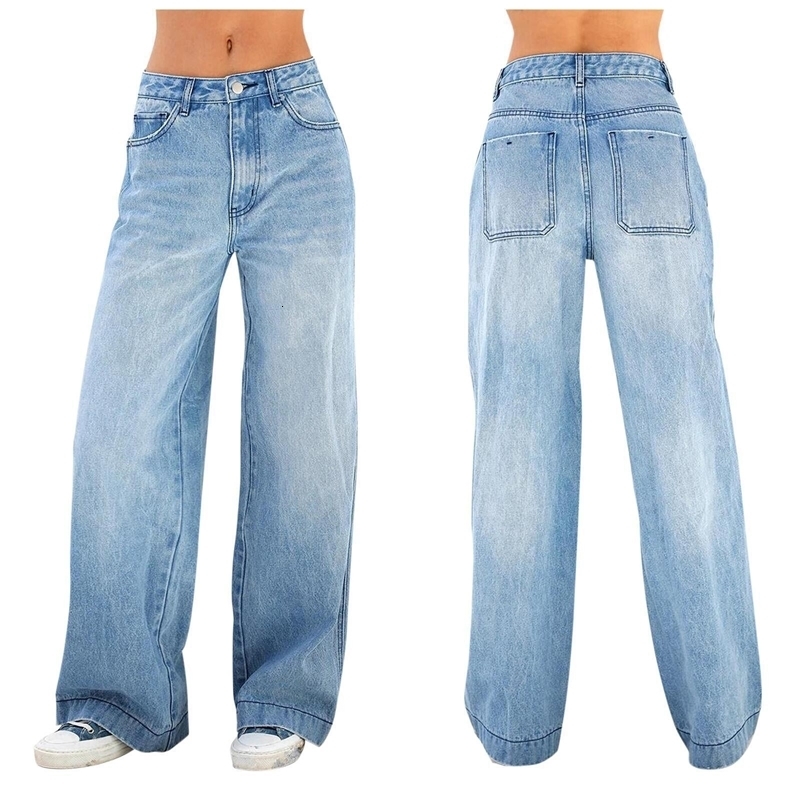 Women Jeans Loose Wide Leg Denim Pants Bleached Button Pockets Full Length Casual Z260313