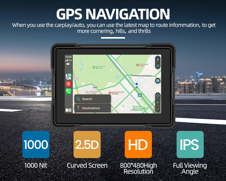 5 Inch Portable CarPlay for Motorcycle, Waterproof Touchscreen Wireless Carplay Android Auto Screen GPS Navigation for Motorbike