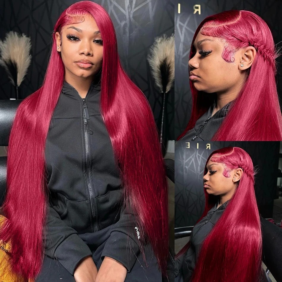 Burgundy Wine Lace Front Wig Hd Transparent Lace 13x6 HD Lace Frontal Wig Human Hair Gluelesss Pre Plucked Straight Red Colored Wig High Density Ready