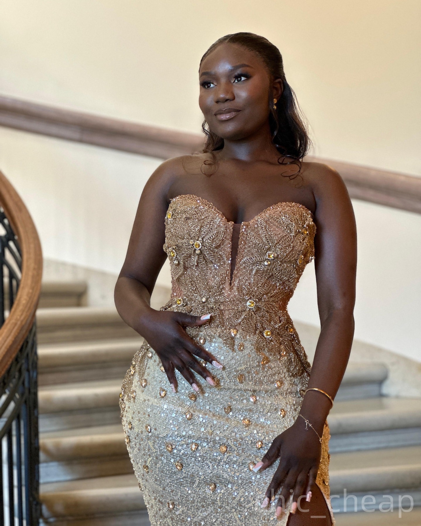 Champagne Mermaid Prom Dresses 2025 Crystals Flowers Sequined Elegant Evening Formal Party Second Birthday Engagement Gowns Plus Size Dress For Specia