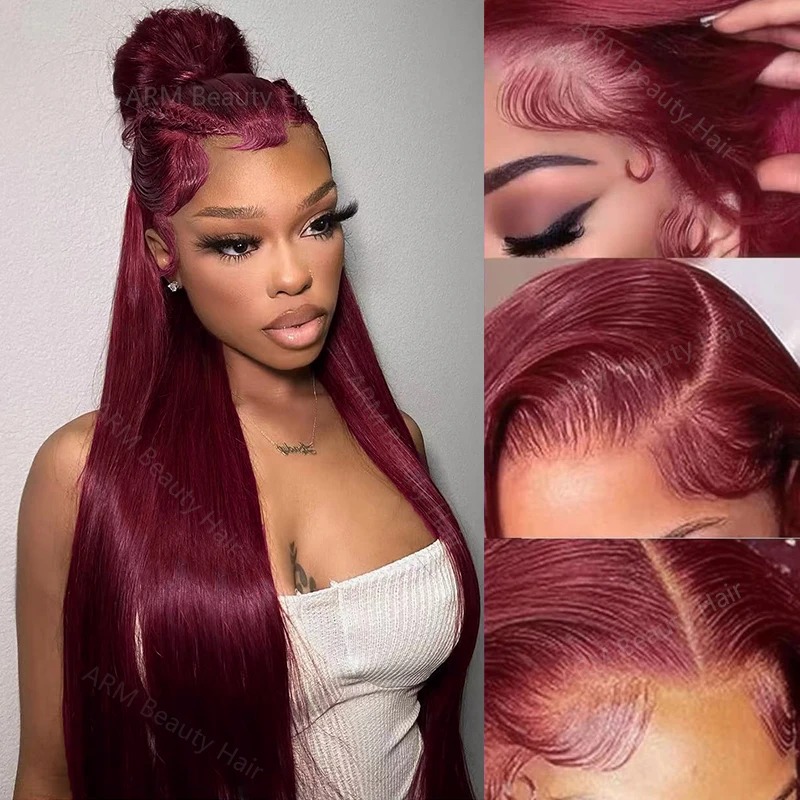 13x4 Preplucked Hairlin Burgundy Lace Front Wigs Pre-Cut Hd Transparent Lace 13x6 Straight Lace Frontal Wigs Human Hair Pre Plucked with Baby Hair Win