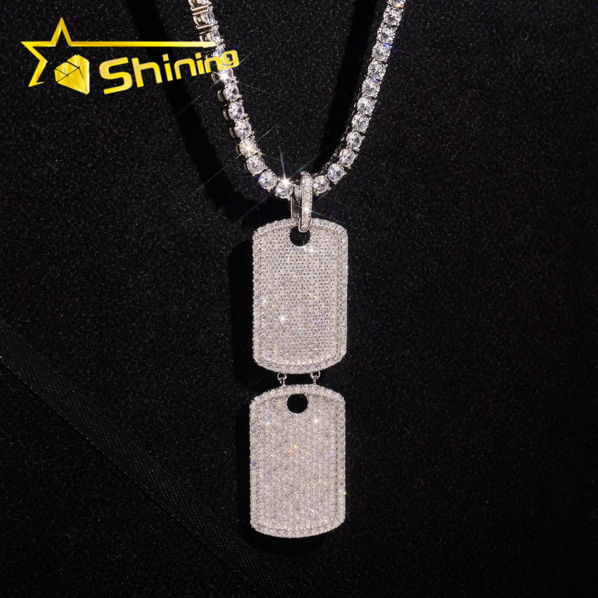 White Gold VVS Moissanite Diamond Double Dog Tag Pendant Match 4MM Tennis Chain Necklace