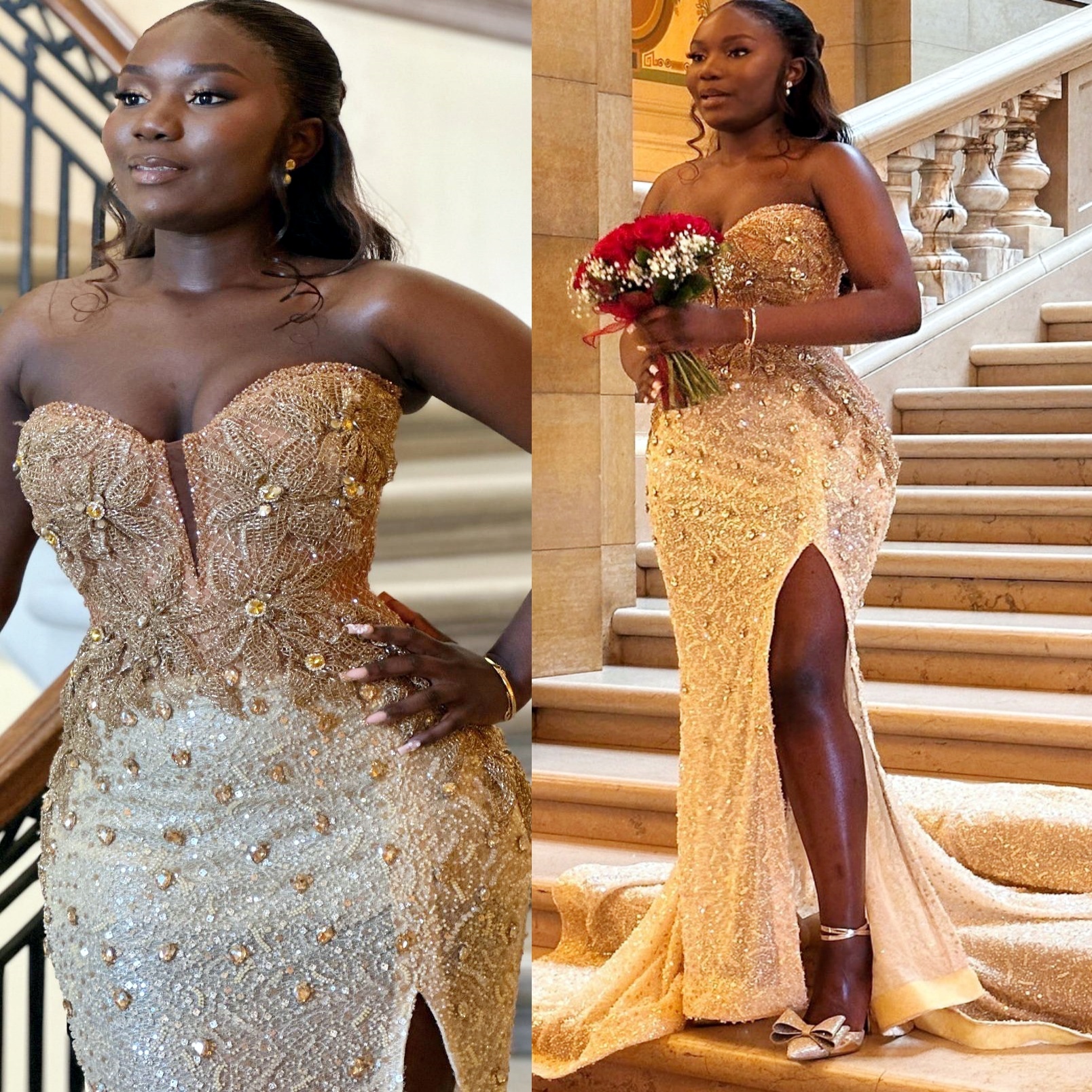 Champagne Mermaid Prom Dresses 2025 Crystals Flowers Sequined Elegant Evening Formal Party Second Birthday Engagement Gowns Plus Size Dress For Specia