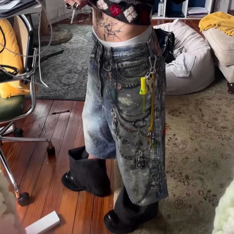 MIJKO 3D Print Patchwork Baggy Jeans Shorts for Men Streetwear New Summer Wide Leg Patchwork Casual Loose Knee Length Pants Oversized