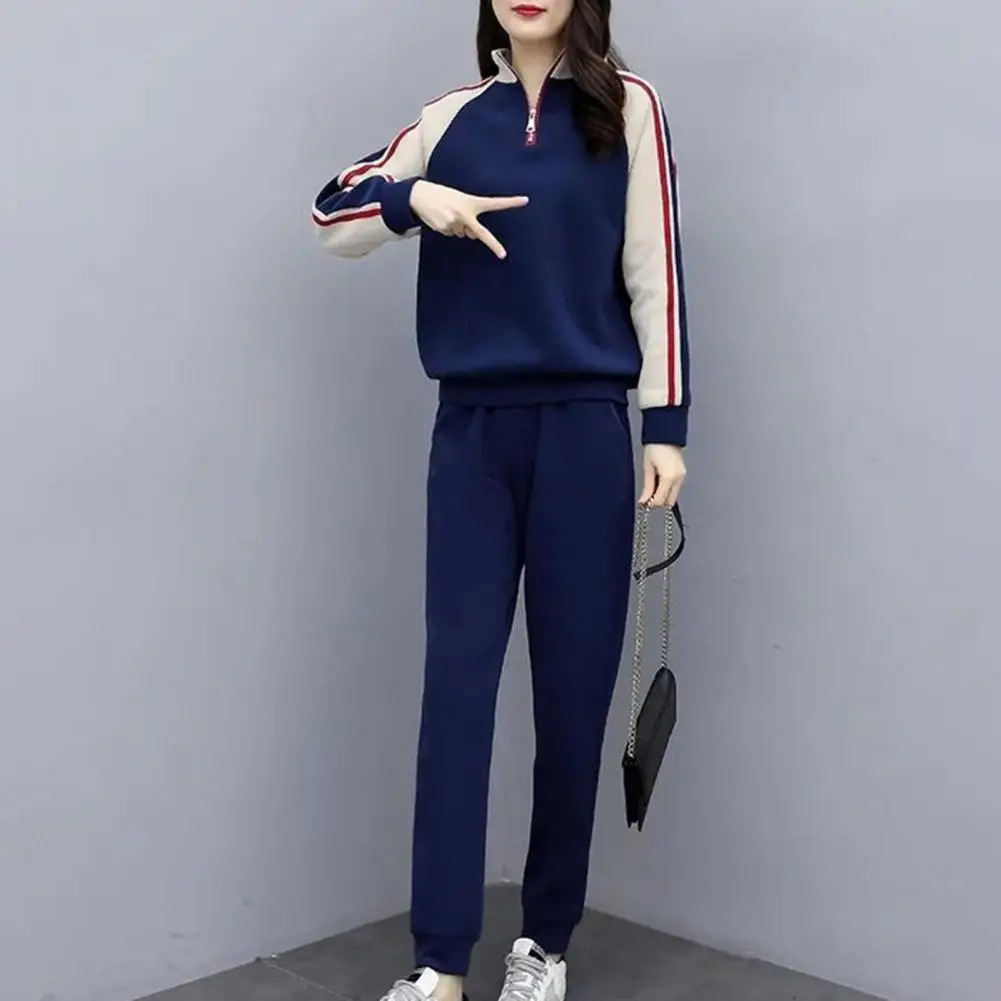 Women Stylish Suit Set Womens Color Matching Tracksuit Set with Stand Collar Sweatshirt Elastic Waist Pants for Fall Winter 2 250825