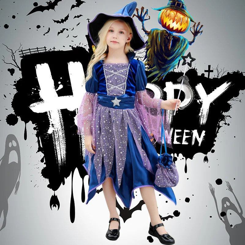 Halloween Party Costumes Witch Dress for Girls Kids Cosplay Carnival Witch Costume Pumpkin Dress Up With Bag Hat Wand Clothing 250823