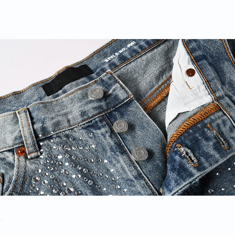 Mens High Street Distressed Washed Vintage Blue Rhinestones Ripped Jean Denim Short Pants 250825