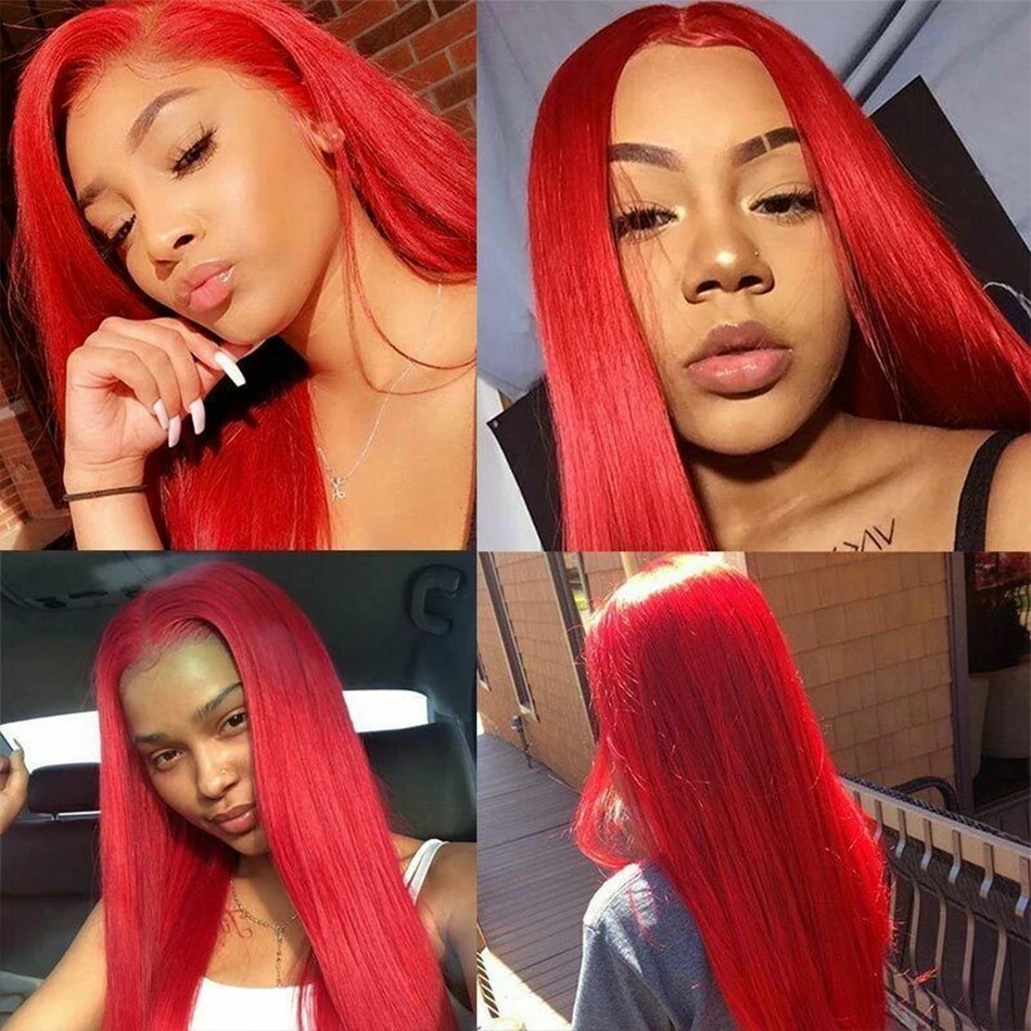 13x4 Bone Straight Red Colored Preplucked Hairline HD Transparent Lace Pre-Cut Bdoy Wave Lace Front Wig High Density Gluelesss 100% Human Hair Wigs Br