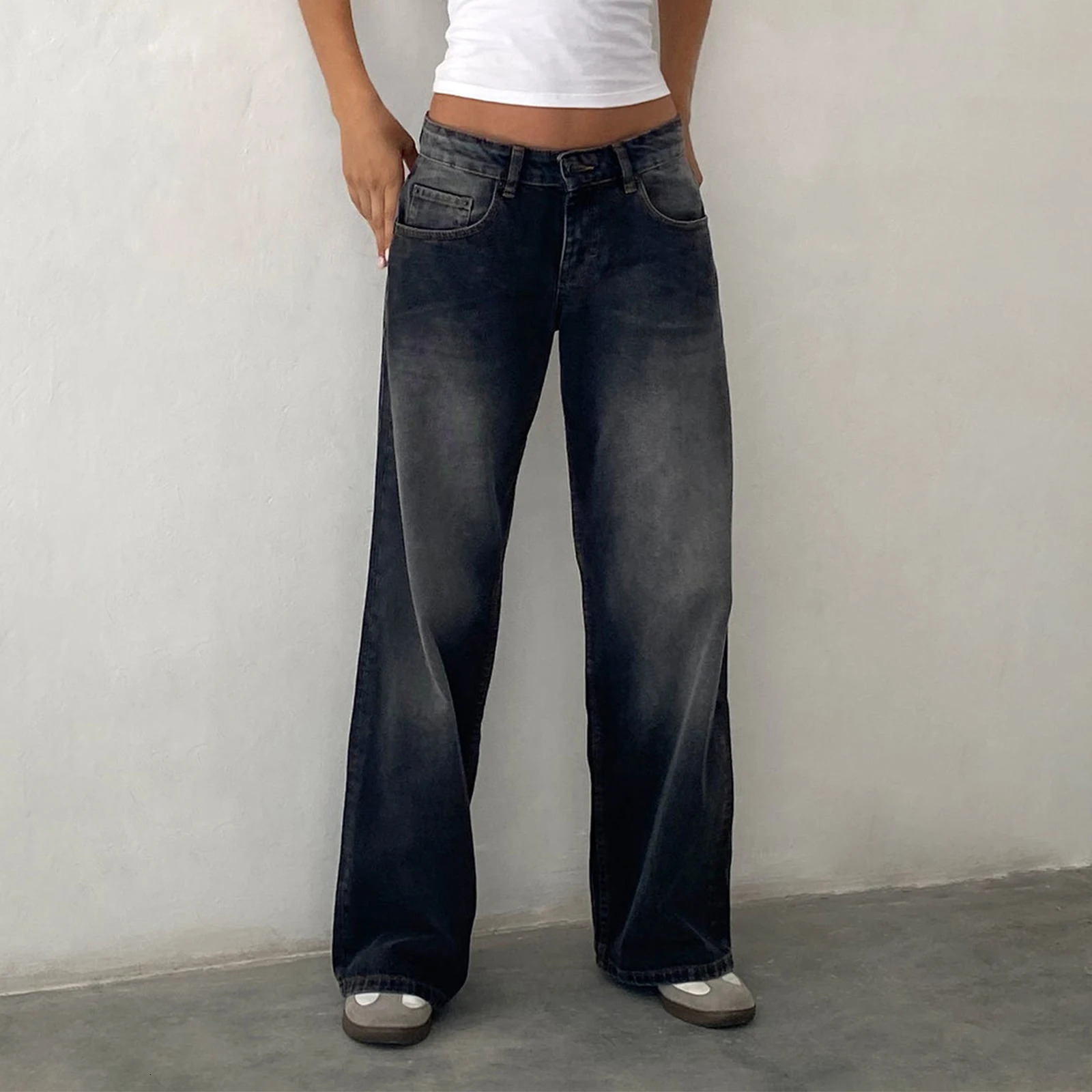 Women Y2k Low Rise Baggy Jeans Loose Fit Boyfriend Straight Wide Leg Jeans Trendy Stretch Long Denim Pants for Daily Streetwear 250825