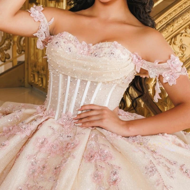 Beige Shiny Off The Shoulder Quinceanera Dresses Ball Gown Sweet 16 Dress Applique Lace Beads Tull Vestidos De 15 Anos Birthday Party