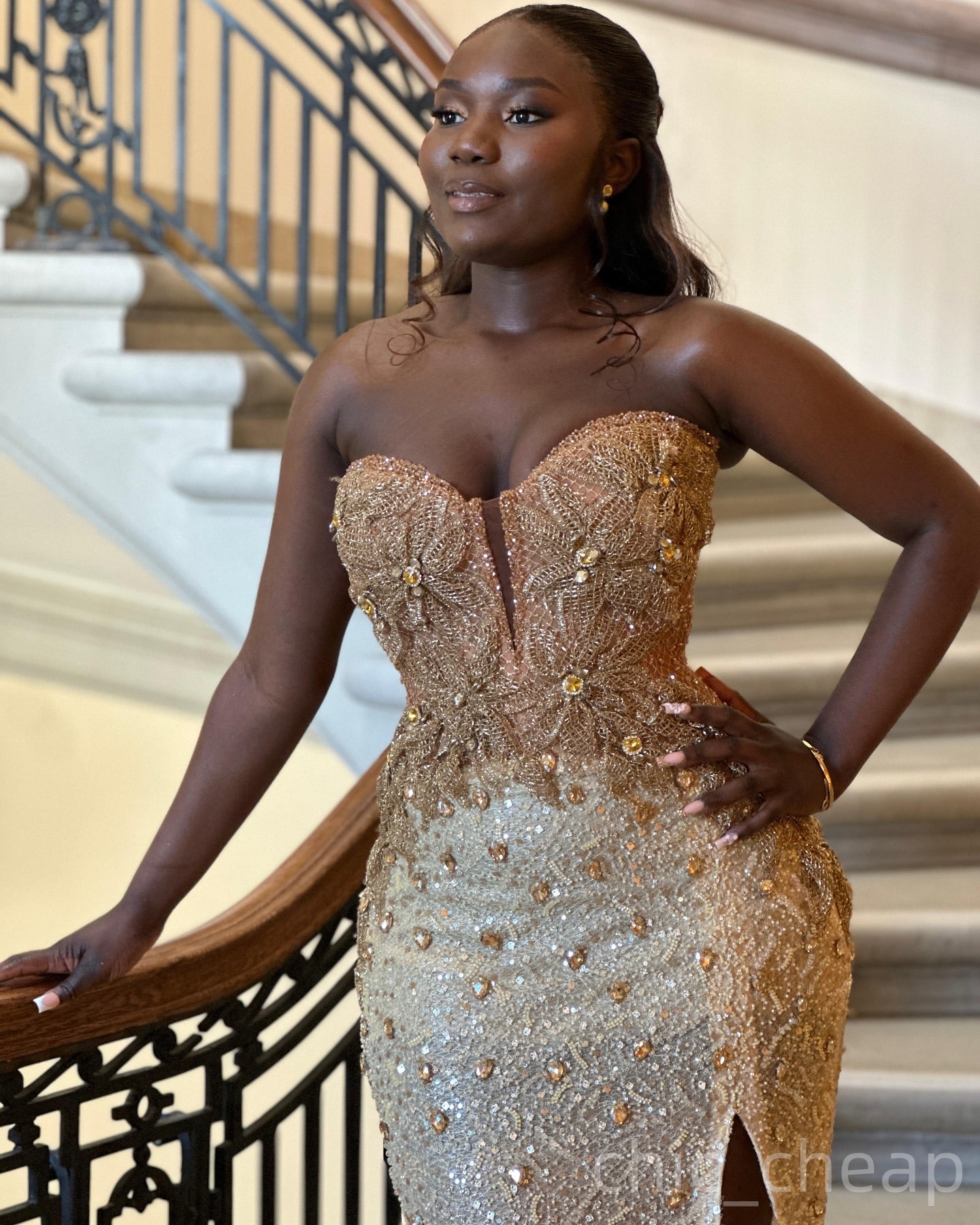 Champagne Mermaid Prom Dresses 2025 Crystals Flowers Sequined Elegant Evening Formal Party Second Birthday Engagement Gowns Plus Size Dress For Specia