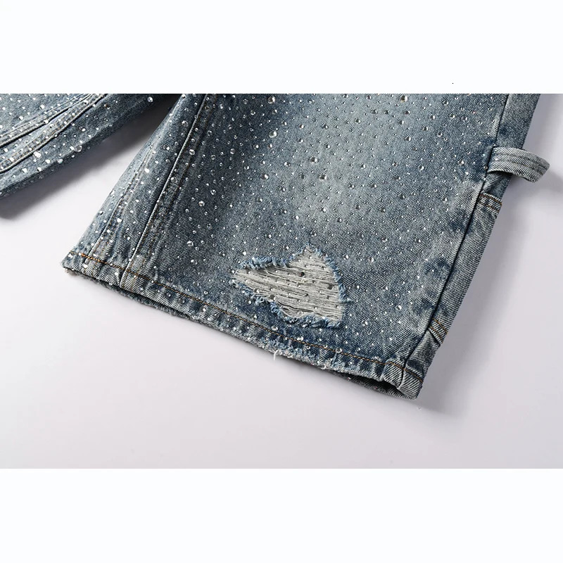 Mens High Street Distressed Washed Vintage Blue Rhinestones Ripped Jean Denim Short Pants 250825