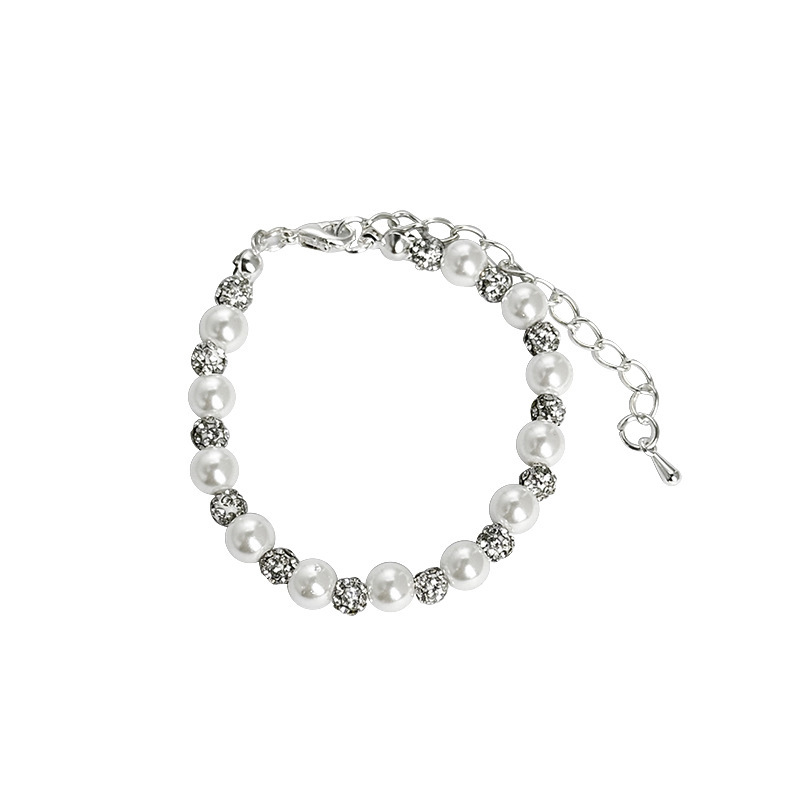 Silver - Tone Pearl Bracelet With Crystal - Paved Bead Accents, Adjustable Chain Closure Dainty Elegant Style Daily Wear Gift - view 6