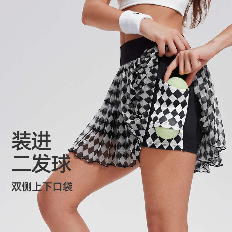 New Checkered Sports Short Anti-Exposure Lightweight Breathable Mesh Fitness Outdoor Golf Tennis Skirt e7