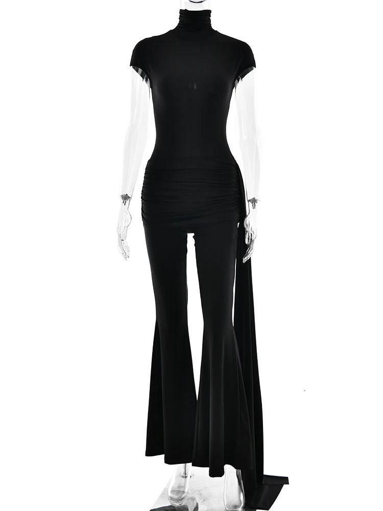 Sibybo Ribbon Ruched Women Jumpsuit Fashion Turtleneck Short Sleeve Basics Solid Color Flare Pants Rompers Sexy Onepiece 250825