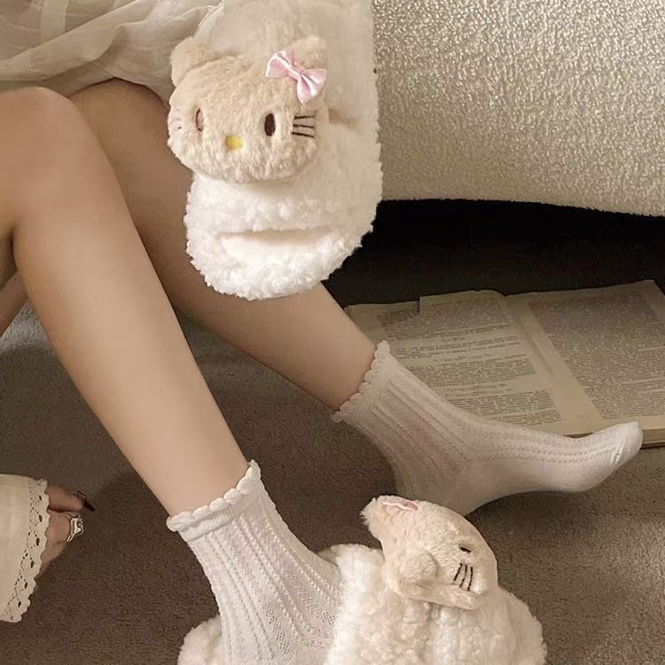 Free Shipping Cute Little Cat Furry Cartoon Women's Outdoor Wear 2025 Autumn And Winter New Flat Bottom Anti Slip Plush Cotton Slippers Without B