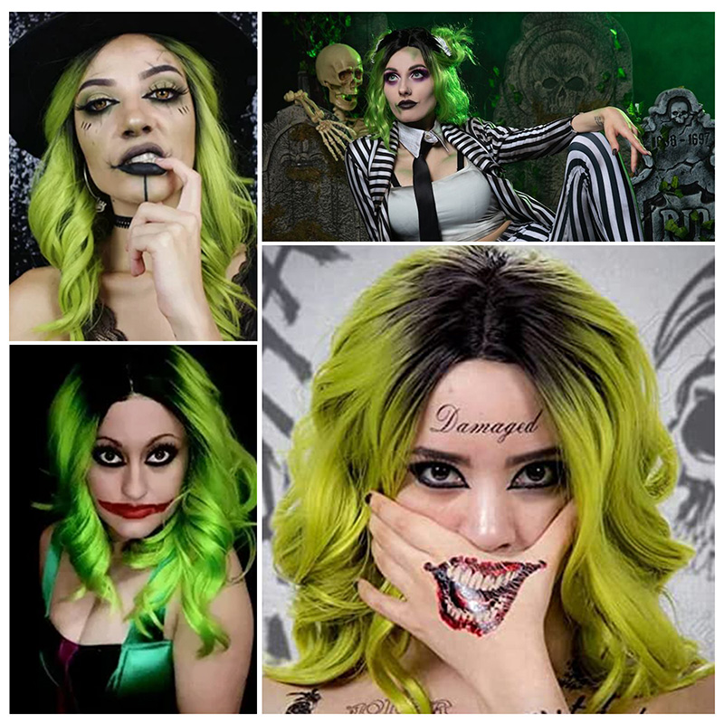 Halloween wig short wavy wig green role play Cosplay Bob Wig j25