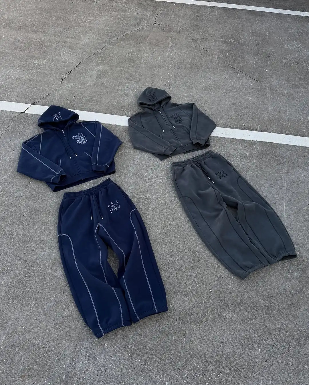 American Y2K Casual Zipper Hoodie Sweatpant Two Piece Set HipHop Oversized Embroidery Sweatshirts Men Women Casual Pants 250305