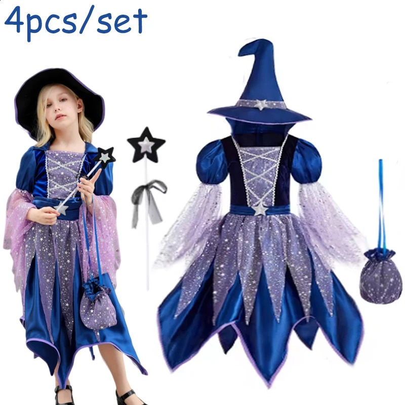 Halloween Party Costumes Witch Dress for Girls Kids Cosplay Carnival Witch Costume Pumpkin Dress Up With Bag Hat Wand Clothing 250823