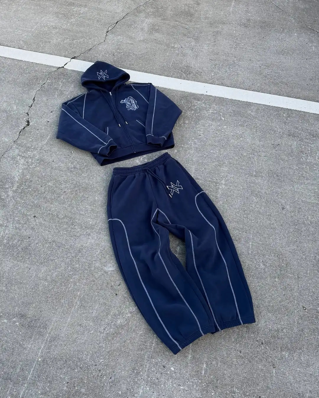 American Y2K Casual Zipper Hoodie Sweatpant Two Piece Set HipHop Oversized Embroidery Sweatshirts Men Women Casual Pants 250305