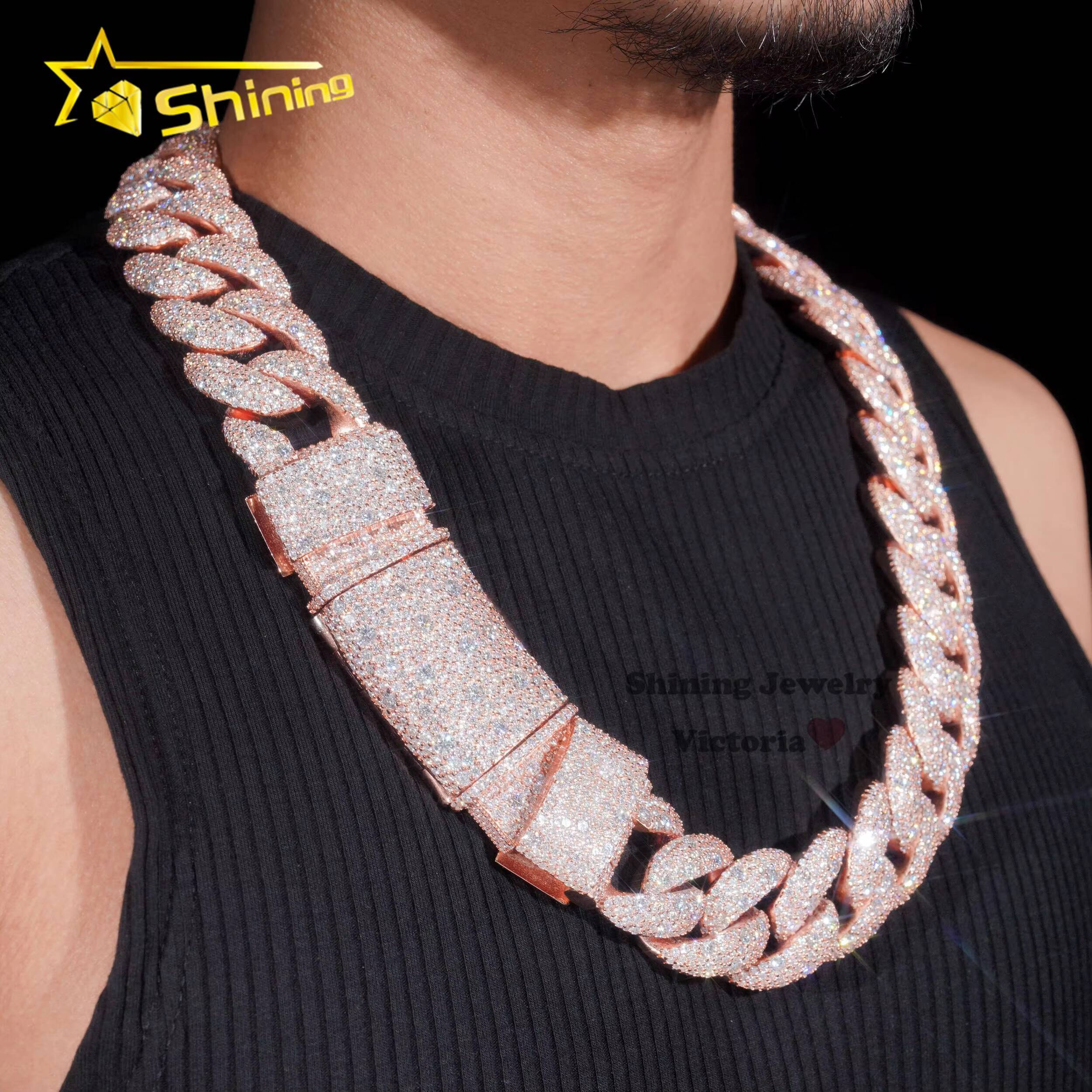 Luxury Custom Mens 30MM Heavy Necklace Rock Jewelry Rose Gold 925 Sterling Silver VVS Moissanite Diamond Miami Cuban Link Chain