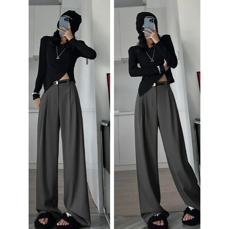 Fall Winter Elegant Gray Suits for Women Office Lady High Waist Wide Leg Fashion Trousers with Pockets Black Pants Z260314