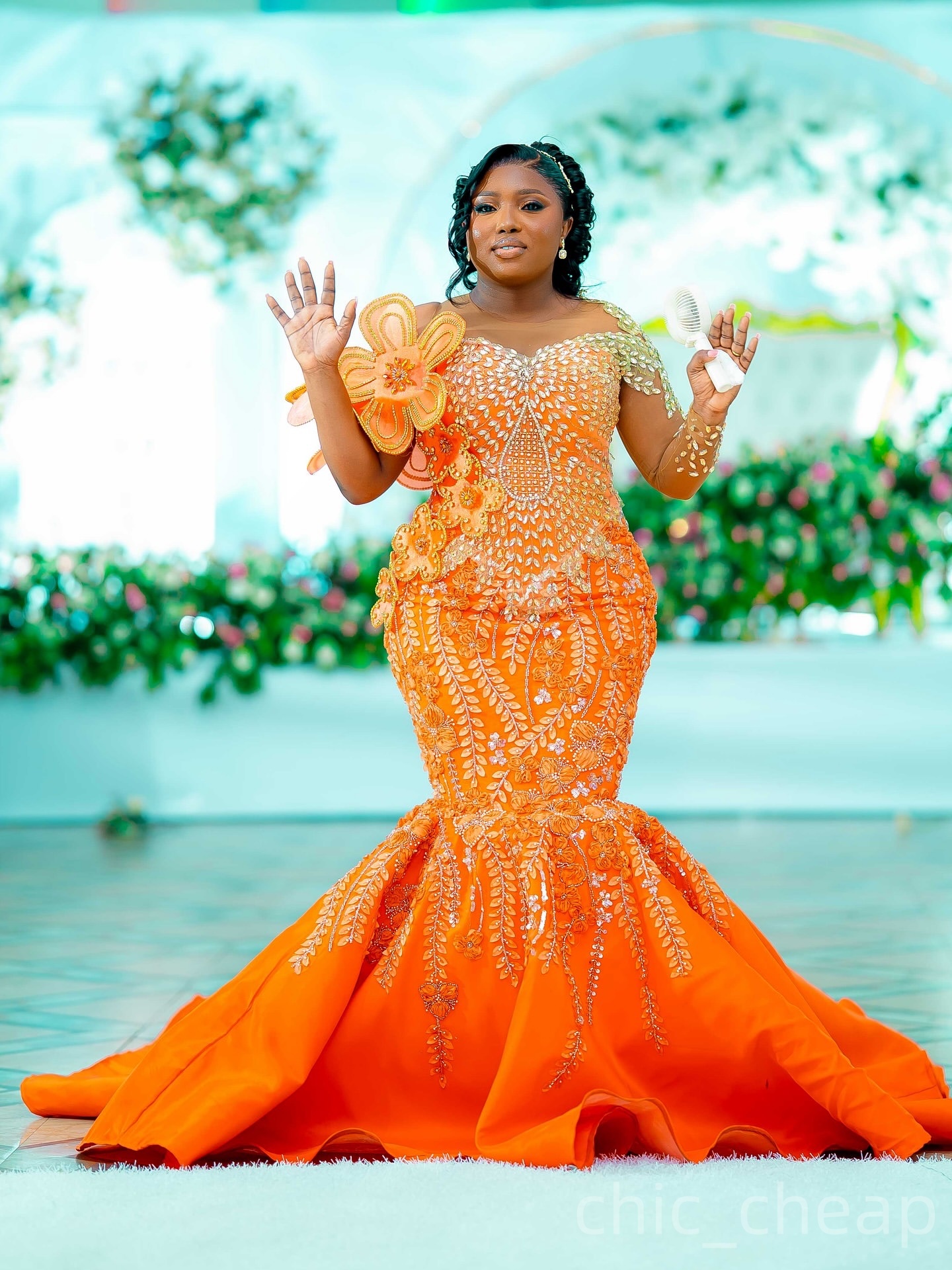 Mermaid Orange Plus Size Prom Dresses 2025 Floral Lace Crystals Flowers Satin Evening Formal Party Second Birthday Engagement Gowns Dress For Special 