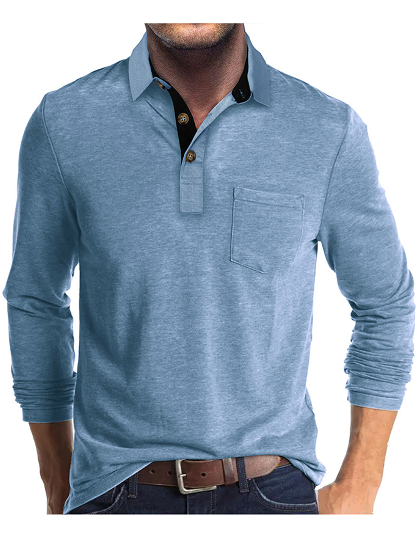 Men's Long - Sleeve White Polo Shirt with Contrast Inner Collar and Chest Pocket