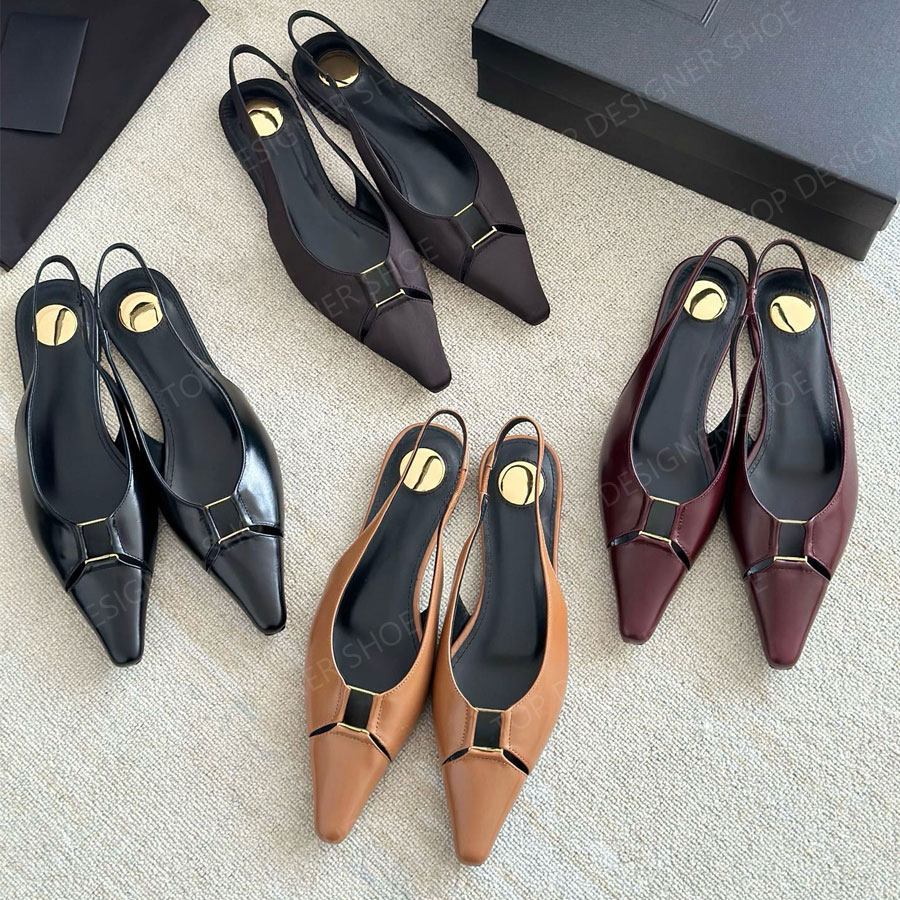 High quality new Burgundy real leather Letter Square toe slingback sandals Flat heel Dress shoes Loafers womens Luxury designer flats shoes Office Vacation shoes