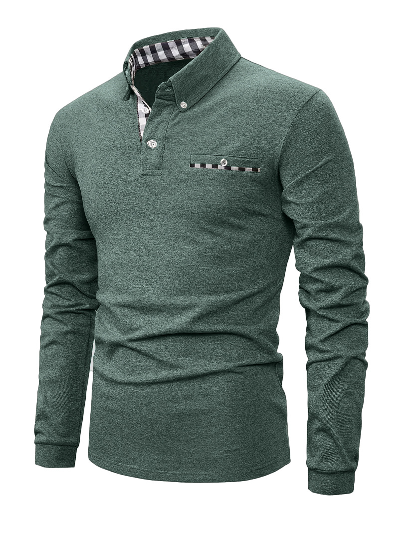 Men's Long - Sleeve Green Polo Shirt with Checkered Inner Collar and Chest Pocket Detail
