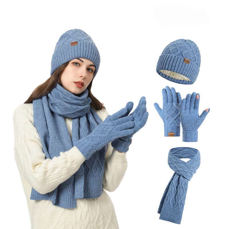 casquette beanie cap Scarf, Gloves, Three-Piece Set Winter Cold-Proof Ear Protection Knitted Outdoor Warm Hat