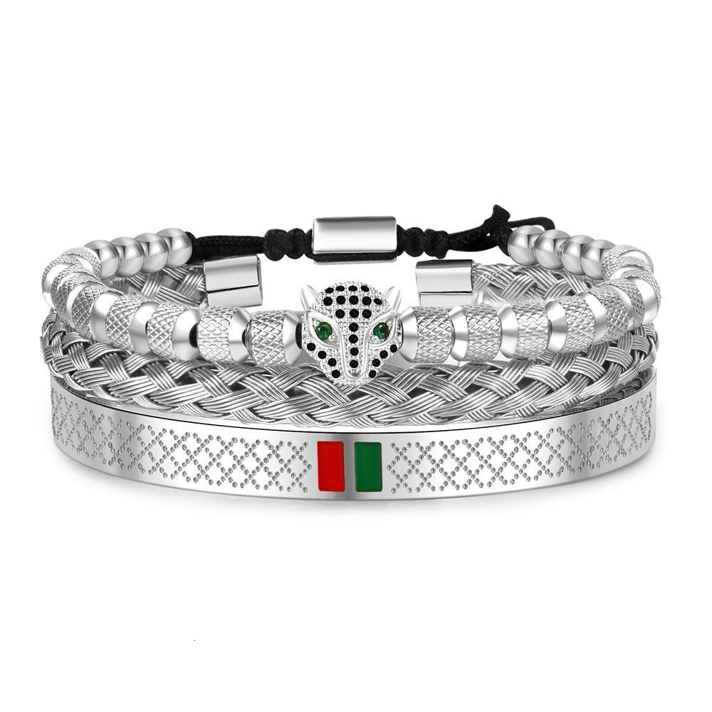 Hip-Hop Men's Copper Inlaid Zircon Leopard Head Stainless Steel Bracelet Bangle Set Non-Fading Internet Celebrity Style Jewelry 50b