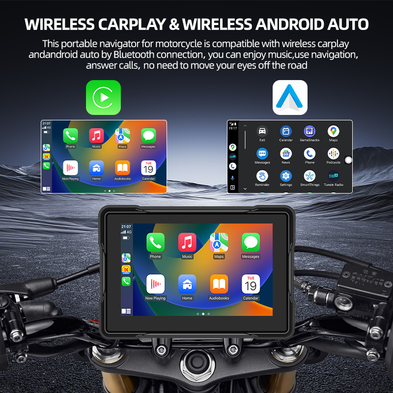 5 Inch Portable CarPlay for Motorcycle, Waterproof Touchscreen Wireless Carplay Android Auto Screen GPS Navigation for Motorbike