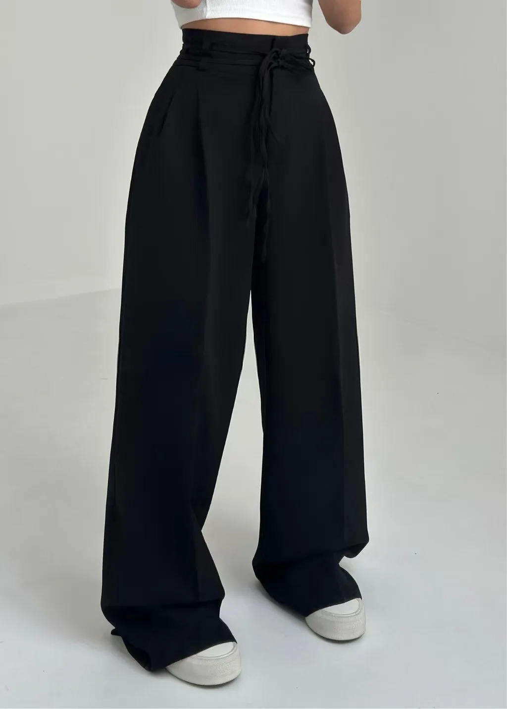 Womens Fashionable and Casual High Waisted Lace Up Slim Straight Leg Pants 2025 Style 250825