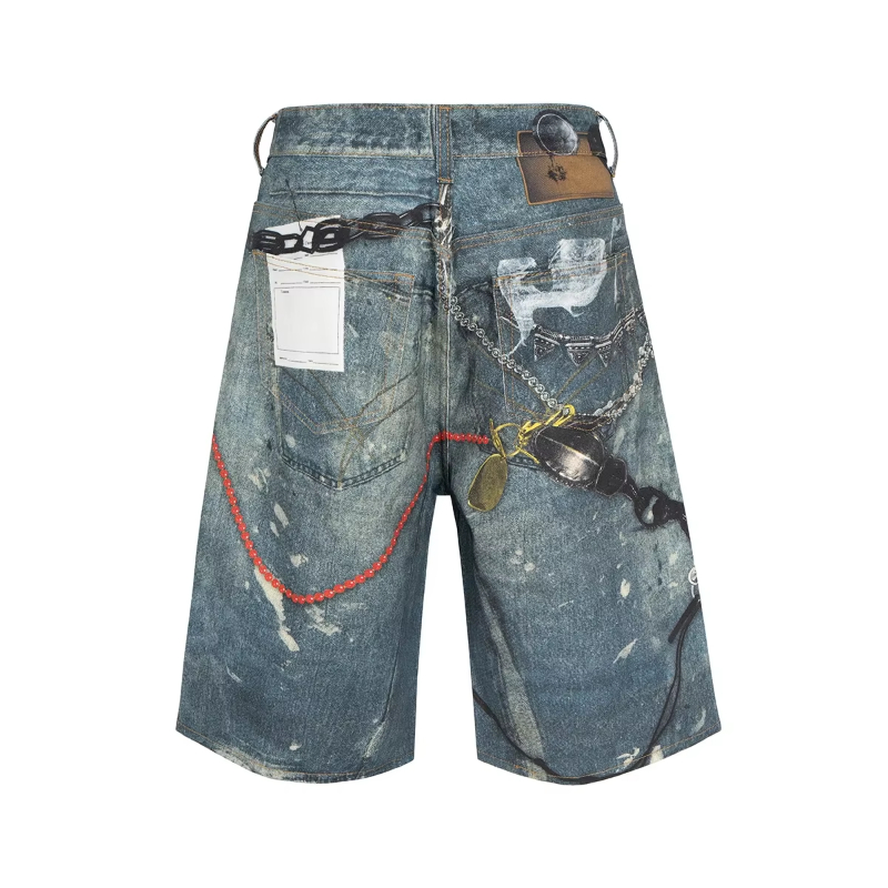 MIJKO Streetwear New Summer 3D Print Patchwork Baggy Jeans Shorts for Men Wide Leg Patchwork Casual Loose Knee Denim Trousres Oversize