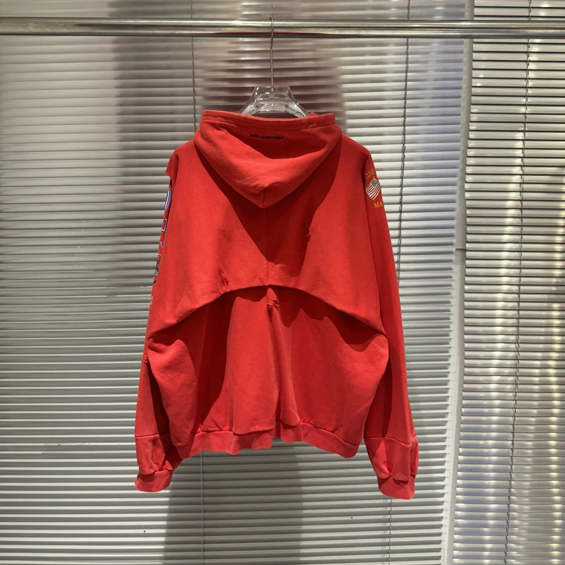 Two Pieces y Flag Red Project GR Hole Damaged Zipper Hoodie Men Women Vintage Washed Distressed Loose Pullovers 250825