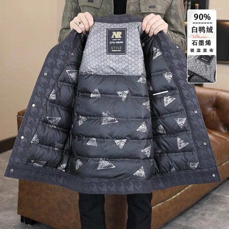 Men's Wool 2025 Lapel Casual Woolen Coat Winter Warm Down Jacket Cold 90% White Duck Plaid Overcoat Men Clothing