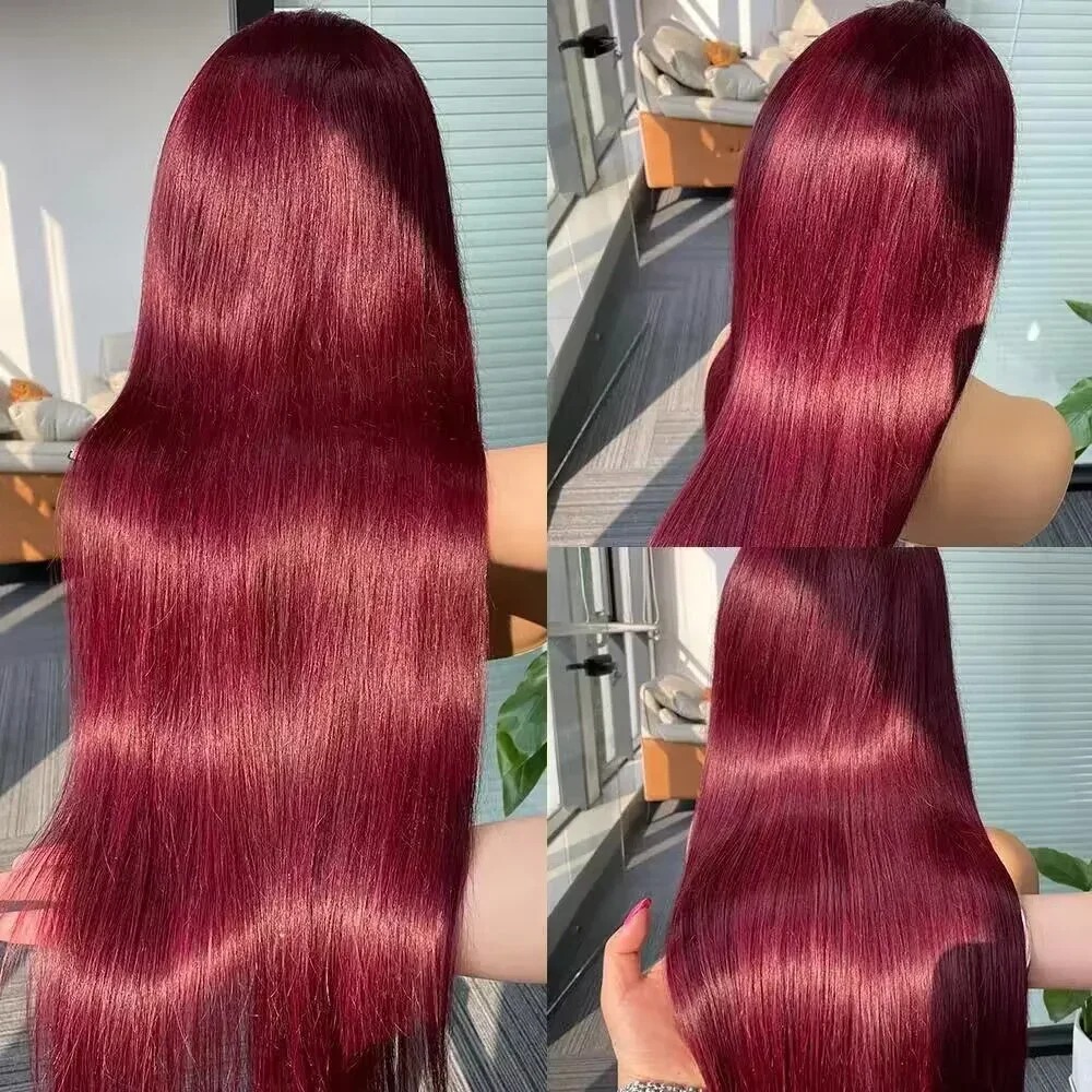 HD Lace Frontal Human Hair Wig Straight Red Pre-Cut Preplucked Hairline 13x4 Lace Front Human Hair Wigs For Women Gluelesss Wine Red Colored 200 High 
