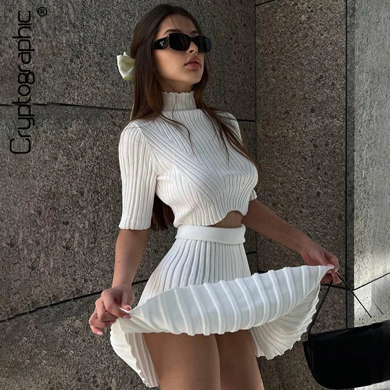 Cryptographic Fashion Elegant Knitted Dress Sets Sexy Pleated Matching Set Outfits for Women Winter Mini Skirts 2 Piece Sets 250825