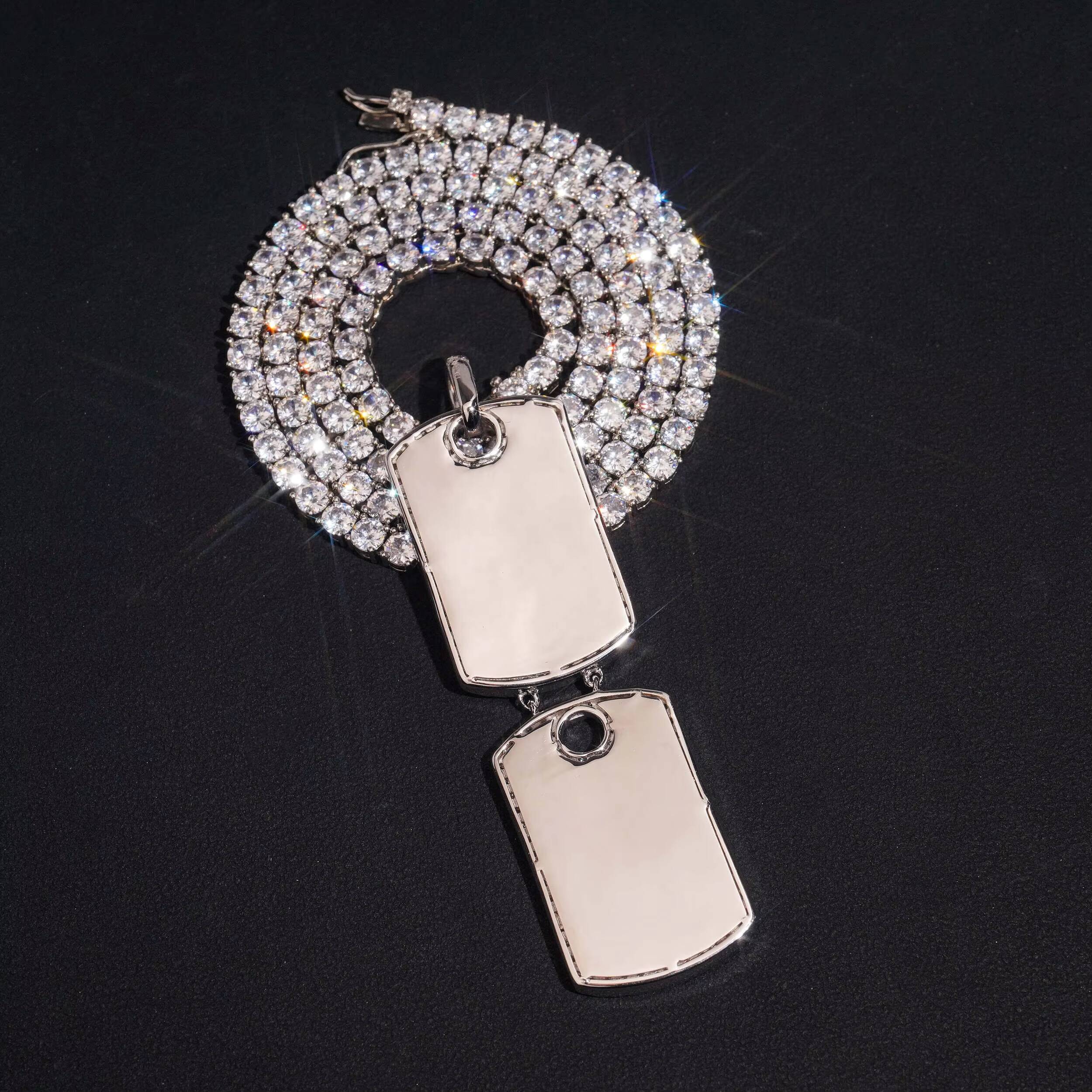 White Gold VVS Moissanite Diamond Double Dog Tag Pendant Match 4MM Tennis Chain Necklace
