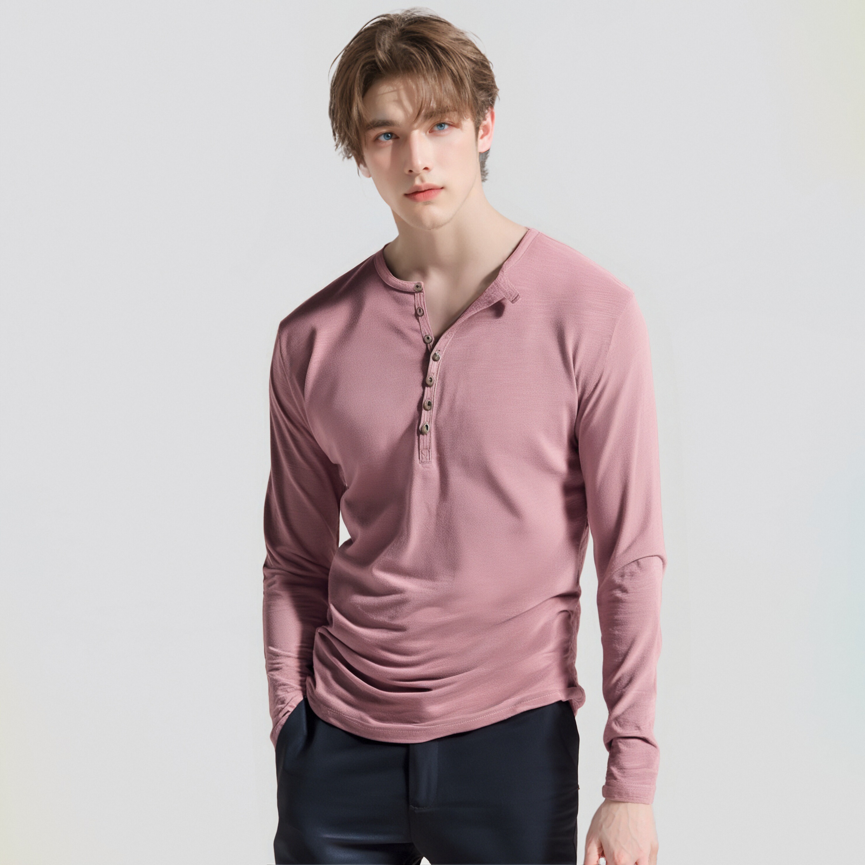 Casual Pink Male Henley Tee Featuring Durable Pure Cotton Material & Buttoned Front Design