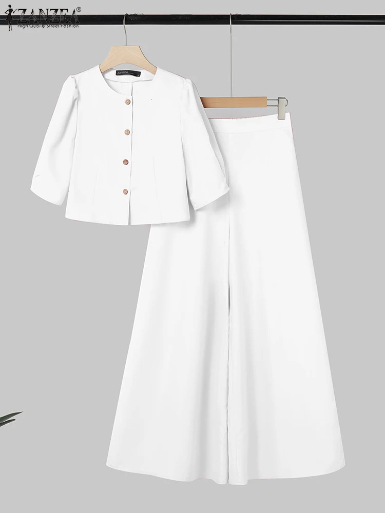 ZANZA Fashion Summer Trousers Suit 2PCS Women Matching Sets Elegant Short Sleeve Blouse Wide Leg Pant Sets OL Work Outfits 250825
